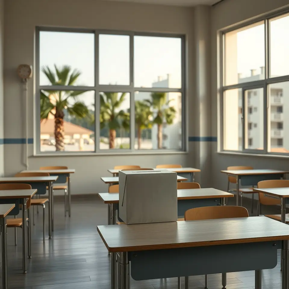 כיתה ריקה עם קלפי פשוטה על שולחן ואור יום בחלונות