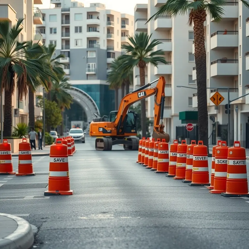 רחוב עירוני עם קונוסים כתומים ועבודות כביש, בניינים לבנים ועצי דקל משני הצדדים
