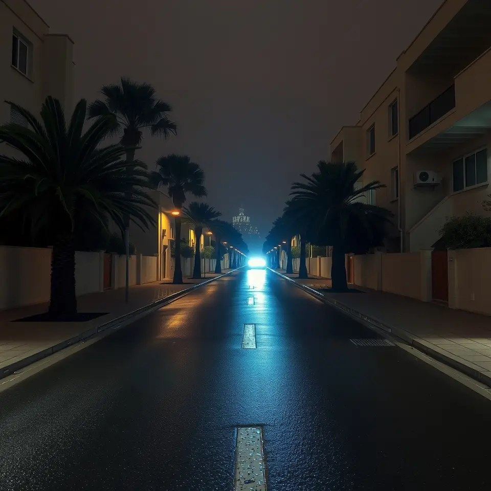 רחוב שקט בנתניה בלילה עם בניינים לבנים ועצי דקל וניצנוצי אור כחול על הכביש הרטוב